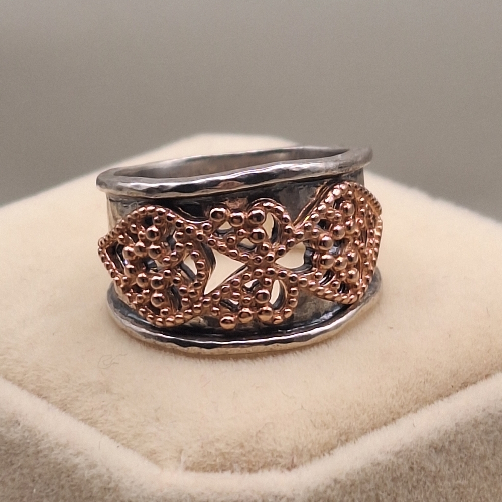 Paz Creations Sterling & Rose Gold Leaf Wide Band Ring – Size 7